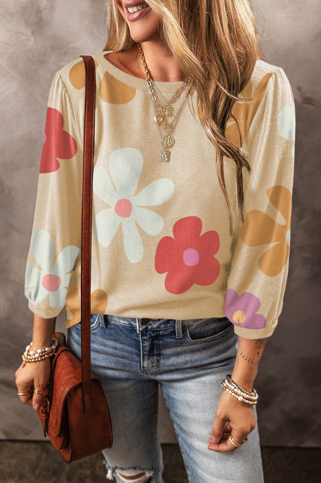 Flower Round Neck Long Sleeve Blouse - MimiStylez