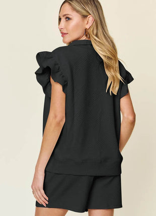 Double Take Full Size Texture Flounce Sleeve Top and Drawstring Shorts Set - MimiStylez