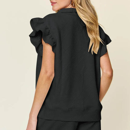Double Take Full Size Texture Flounce Sleeve Top and Drawstring Shorts Set - MimiStylez