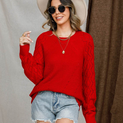 Openwork Round Neck Raglan Sleeve Sweater - MimiStylez