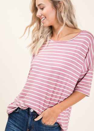 BOMBOM Striped Round Neck Half Sleeve T-Shirt - MimiStylez