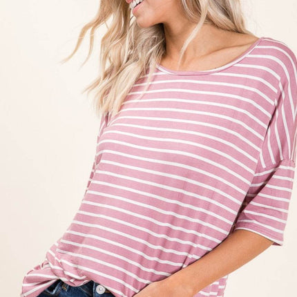 BOMBOM Striped Round Neck Half Sleeve T-Shirt - MimiStylez