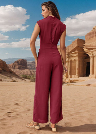 Ruched Mock Neck Sleeveless Jumpsuit - MimiStylez