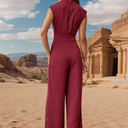 Ruched Mock Neck Sleeveless Jumpsuit - MimiStylez