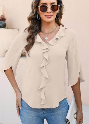 Loose V-neck Flounce Shirt - MimiStylez