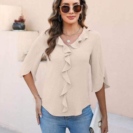 Loose V-neck Flounce Shirt - MimiStylez