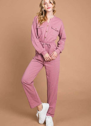 Culture Code Full Size Button Up Drawstring Waist Straight Jumpsuit - MimiStylez