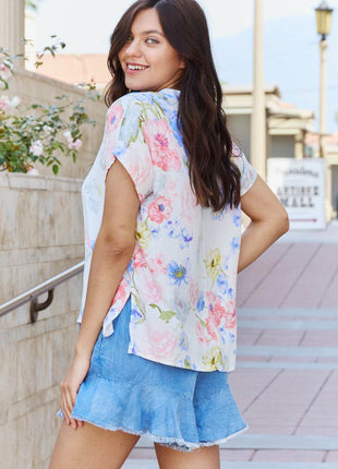 White Birch One And Only Full Size Short Sleeve Floral Print Top - MimiStylez