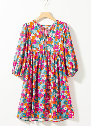 Floral Tie Neck Puff Sleeve Mini Dress - MimiStylez