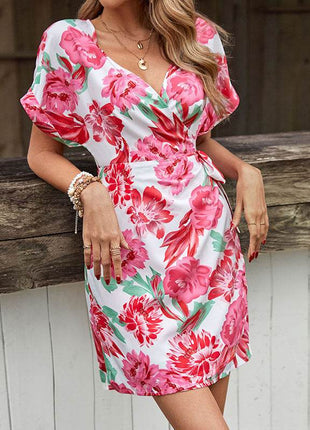 Floral Tied Short Sleeve Mini Dress - MimiStylez