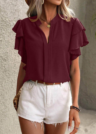 Ruffled Notched Short Sleeve Blouse - MimiStylez