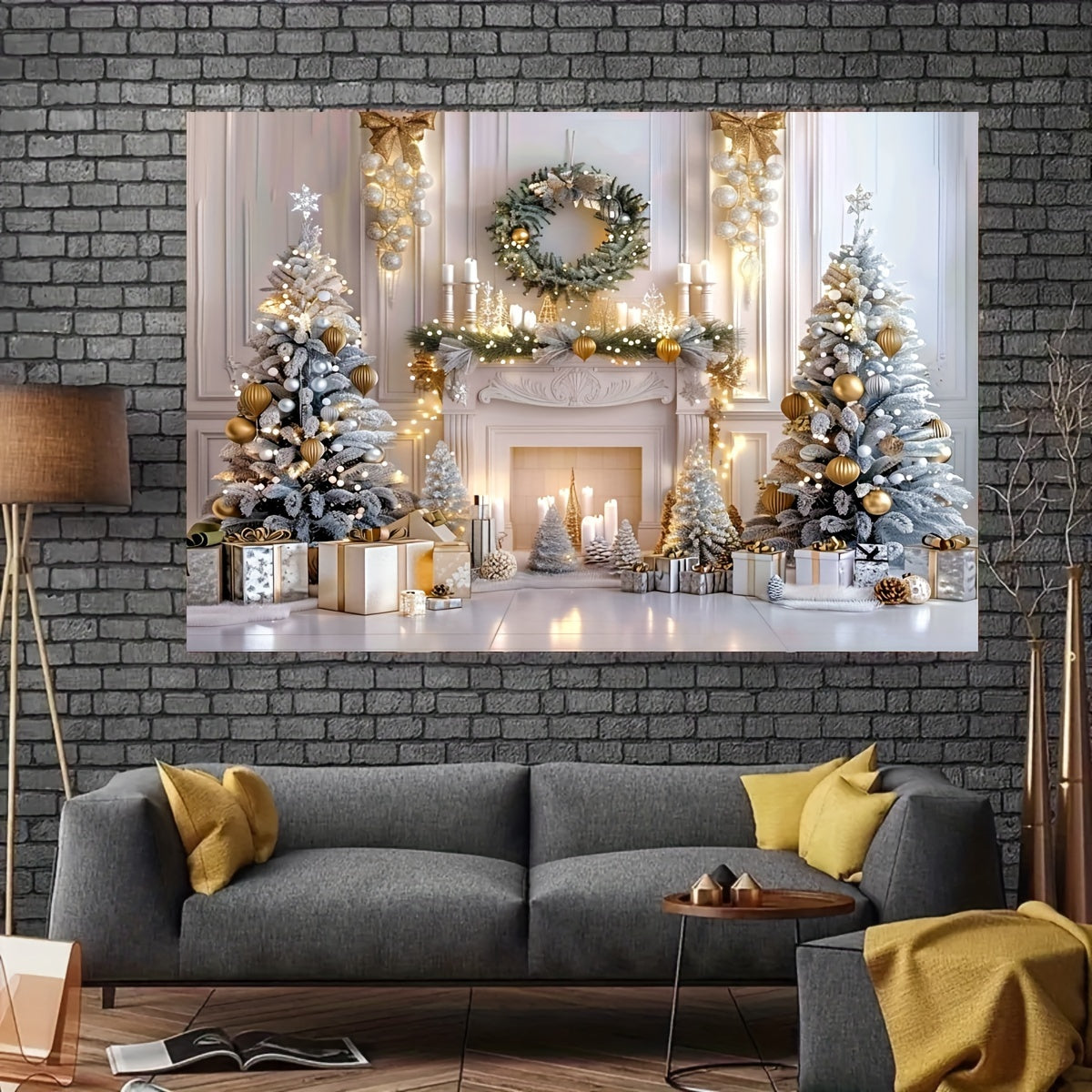 Elegant White Christmas Fireplace Backdrop with Gift Trees and Wreath - Indoor Living Room Winter Holiday Photo Studio Props - Multi-Purpose Party Decor - No Electricity Required