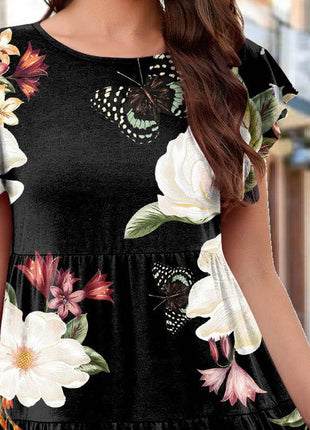 Printed Round Neck Tiered Dress - MimiStylez