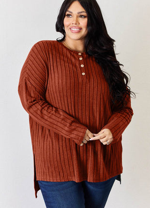 Basic Bae Full Size Ribbed Half Button Long Sleeve High-Low T-Shirt - MimiStylez