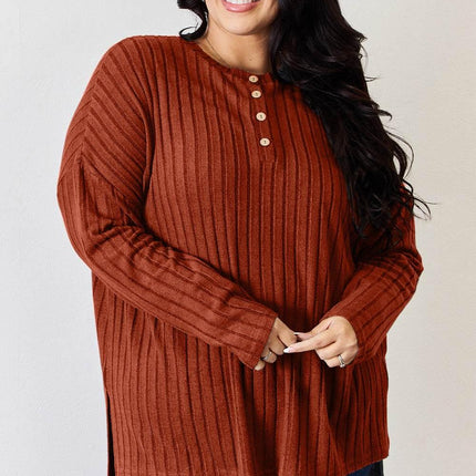 Basic Bae Full Size Ribbed Half Button Long Sleeve High-Low T-Shirt - MimiStylez