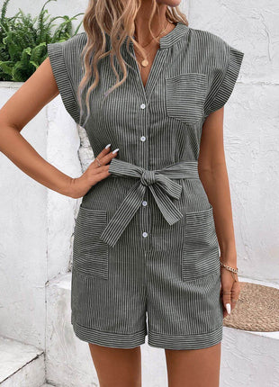 Striped Notched Tie Waist Romper - MimiStylez