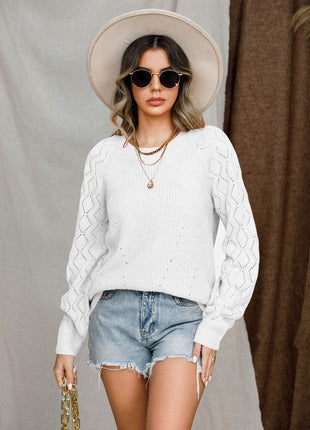 Openwork Round Neck Raglan Sleeve Sweater - MimiStylez
