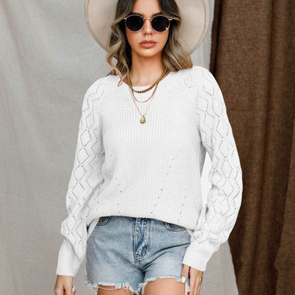 Openwork Round Neck Raglan Sleeve Sweater - MimiStylez