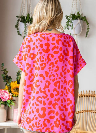 First Love Leopard V-Neck Short Sleeve Woven Top - MimiStylez