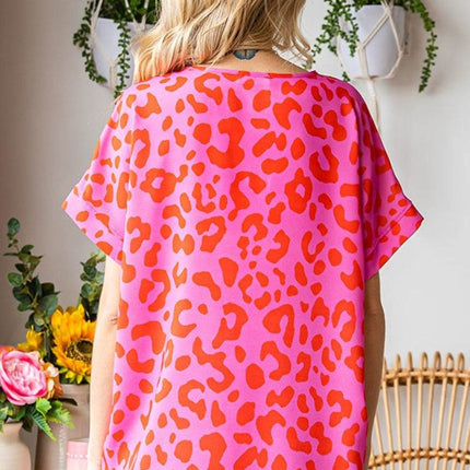 First Love Leopard V-Neck Short Sleeve Woven Top - MimiStylez
