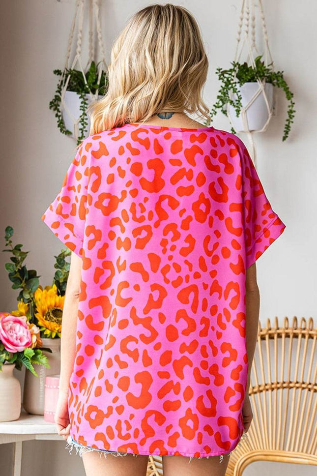 First Love Leopard V-Neck Short Sleeve Woven Top - MimiStylez