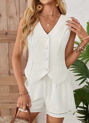 Button Up Vest and Shorts Set - MimiStylez