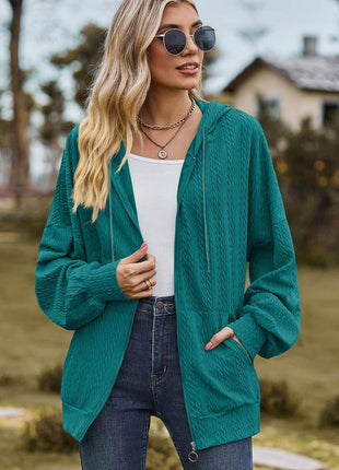 Drawstring Zip Up Dropped Shoulder Hoodie - MimiStylez