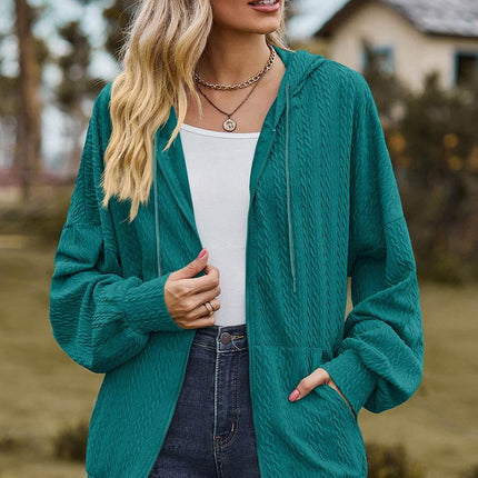 Drawstring Zip Up Dropped Shoulder Hoodie - MimiStylez