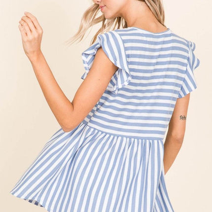 BOMBOM Striped Round Neck Blouse - MimiStylez