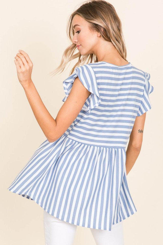 BOMBOM Striped Round Neck Blouse - MimiStylez