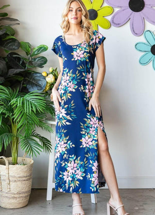 Heimish Full Size Floral Short Sleeve Slit Dress - MimiStylez