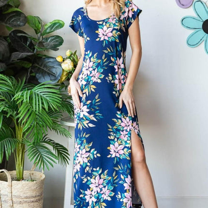 Heimish Full Size Floral Short Sleeve Slit Dress - MimiStylez