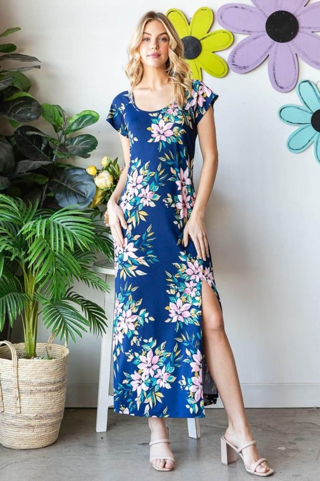 Heimish Full Size Floral Short Sleeve Slit Dress - MimiStylez