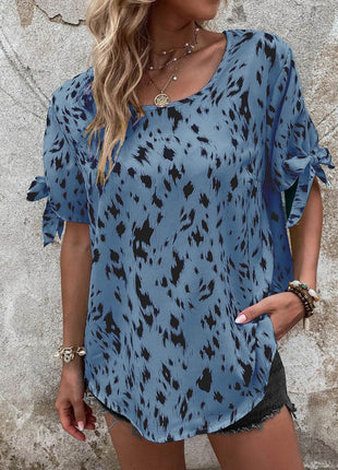 Tied Printed Boat Neck Blouse - MimiStylez