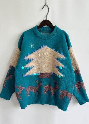 Sequin Christmas Tree & Reindeer Round Neck Sweater - MimiStylez
