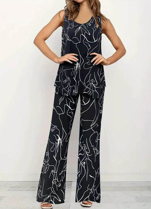Abstract Print Round Neck Tank and Pants Set - MimiStylez