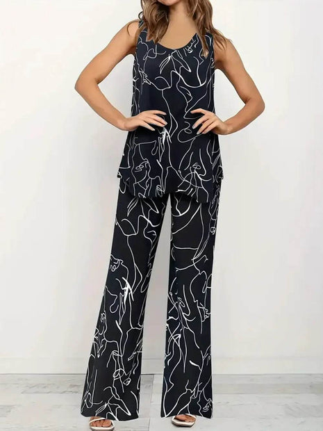 Abstract Print Round Neck Tank and Pants Set - MimiStylez