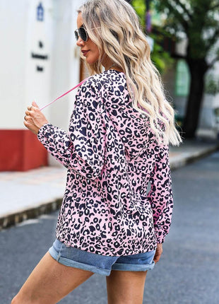 Drawstring Leopard Half Zip Hoodie - MimiStylez