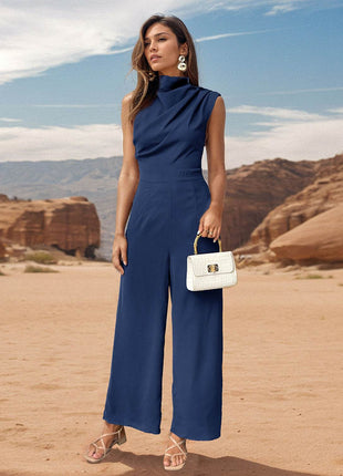 Ruched Mock Neck Sleeveless Jumpsuit - MimiStylez
