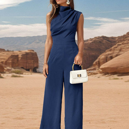 Ruched Mock Neck Sleeveless Jumpsuit - MimiStylez