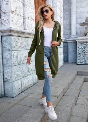 Zip-Up Longline Hoodie with Pockets - MimiStylez