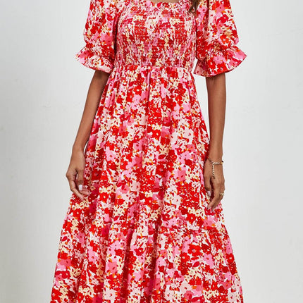 Smocked Floral Square Neck Short Sleeve Dress - MimiStylez
