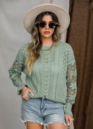 Eyelet Crochet Lantern Sleeve Sweater - MimiStylez