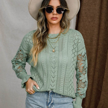Eyelet Crochet Lantern Sleeve Sweater - MimiStylez