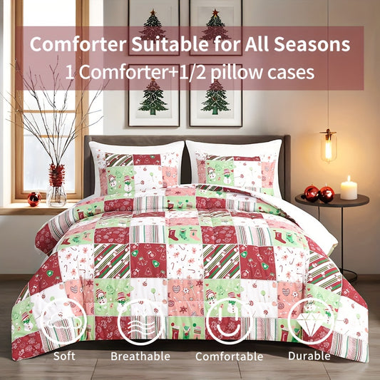 All-Season Plaid Comforter Set with Pillow Cases, Christmas Pattern, Lightweight Ultra-Soft Microfiber Fill, Quilted Polyester Cover, Machine Washable, Digital Print Bedding Collection