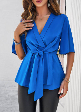 Surplice Tie Waist Half Sleeve Blouse - MimiStylez