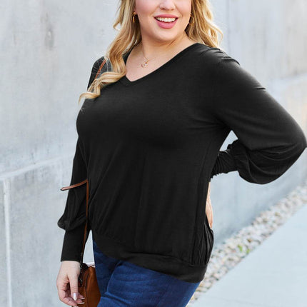 Basic Bae Full Size V-Neck Lantern Sleeve Blouse - MimiStylez