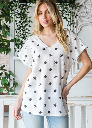 Heimish Full Size Star Print Short Sleeve V-Neck Waffle Knit T-Shirt - MimiStylez