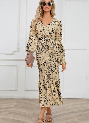 Printed V-Neck Smocked Midi Dress - MimiStylez