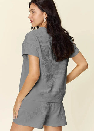 Double Take Full Size Texture Short Sleeve T-Shirt and Drawstring Shorts Set - MimiStylez